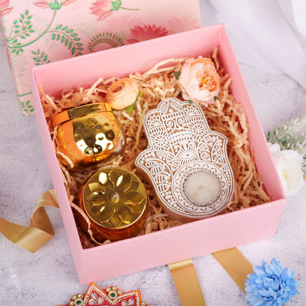 Royal Diwali Elegance Hamper with Golden Jars, Lotus Gift Box & Carved Hamsa Diya