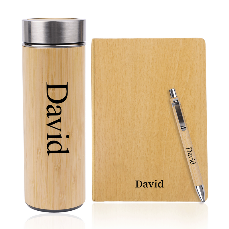 Personalized 3-in-1 Bamboo Set Pen, Diary, Bottle