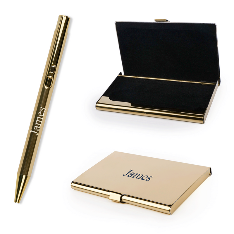 Personalized Gold Box Pen and Card Holder Set