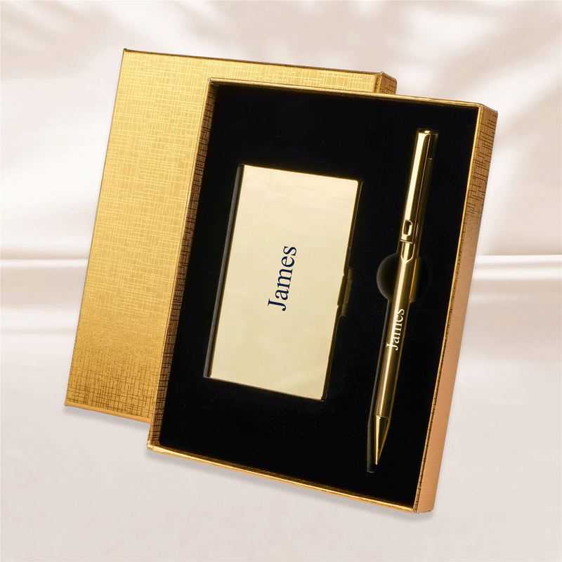 Personalized Gold Box Pen and Card Holder Set