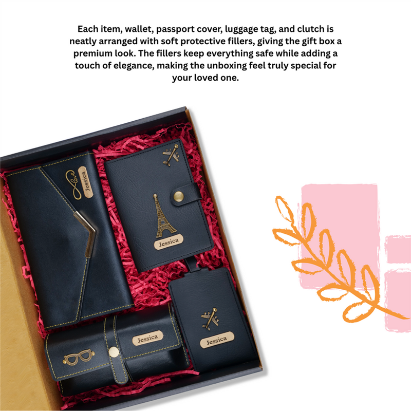 Personalized Leather Wallet, Passport Cover, Luggage Tag & Eyewear Case Giftset
