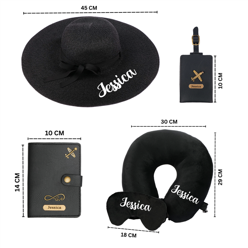 Personalized Luxury Travel Gift Set (Hat, Bottle, Passport Cover, Eyemask & Pillow)