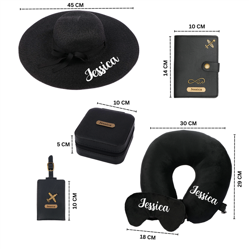 Personalized Luxury Travel Gift Set (Hat, Bottle, Passport Cover, Eyemask & Pillow)