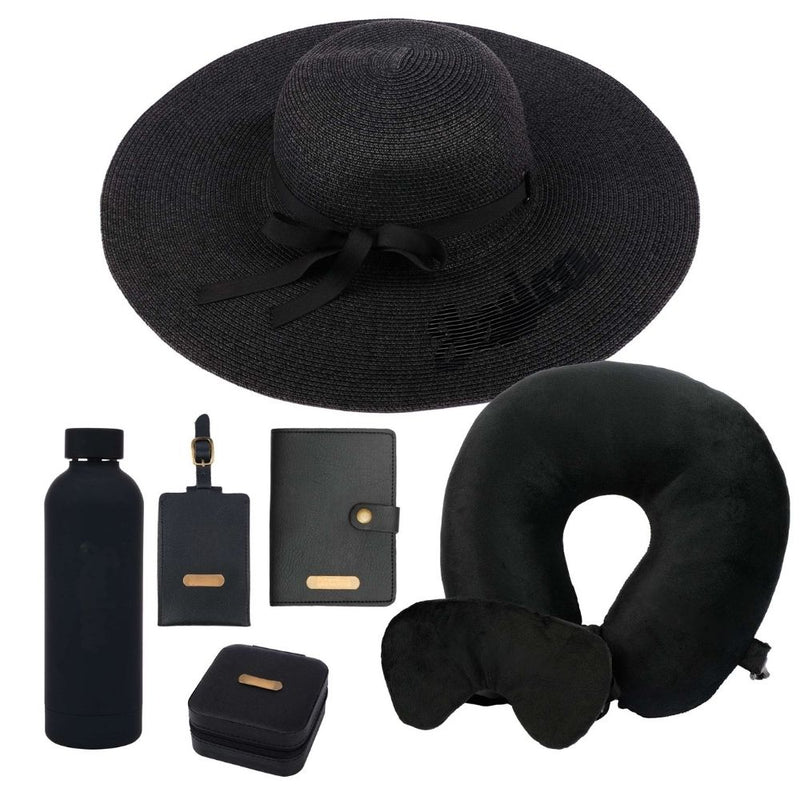 Personalized Luxury Travel Gift Set (Hat, Bottle, Passport Cover, Eyemask & Pillow)