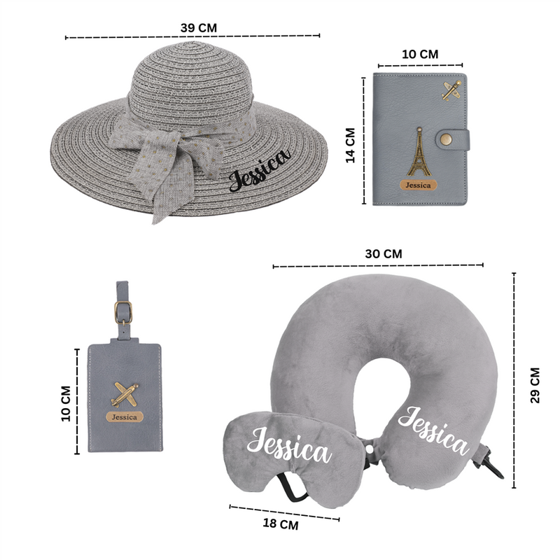 Personalized Luxury Travel Gift Set (Hat, Bottle, Passport Cover, Eyemask & Pillow)