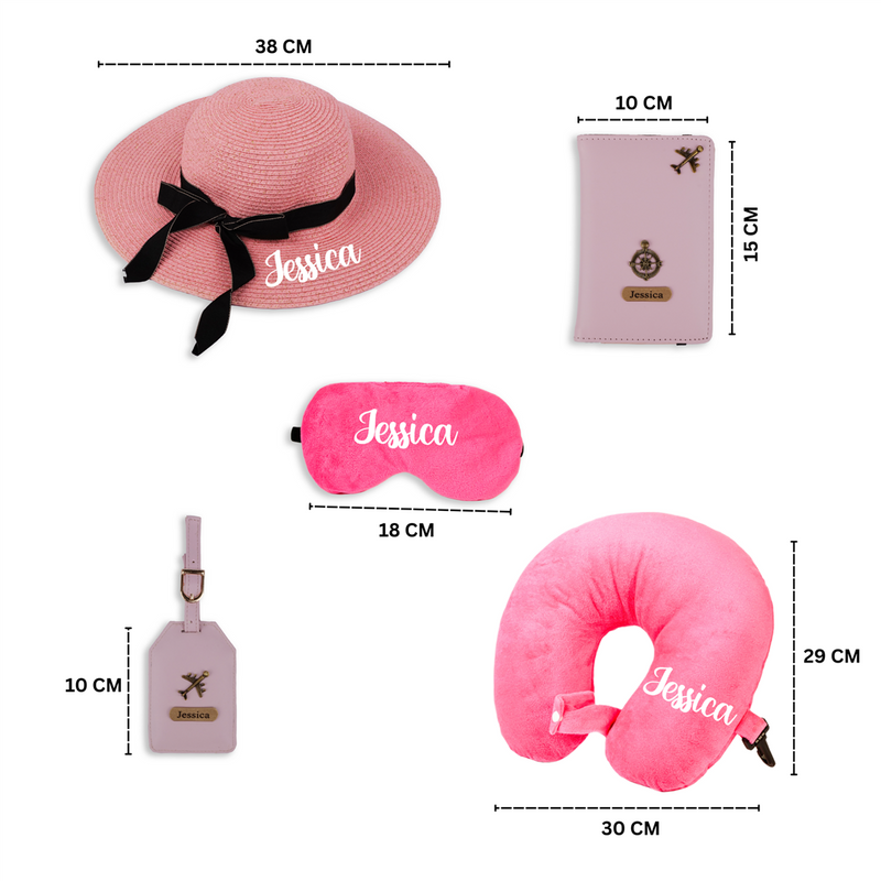 Personalized Luxury Travel Gift Set (Hat, Bottle, Passport Cover, Eyemask & Pillow)
