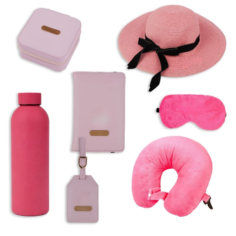Personalized Luxury Travel Gift Set (Hat, Bottle, Passport Cover, Eyemask & Pillow)