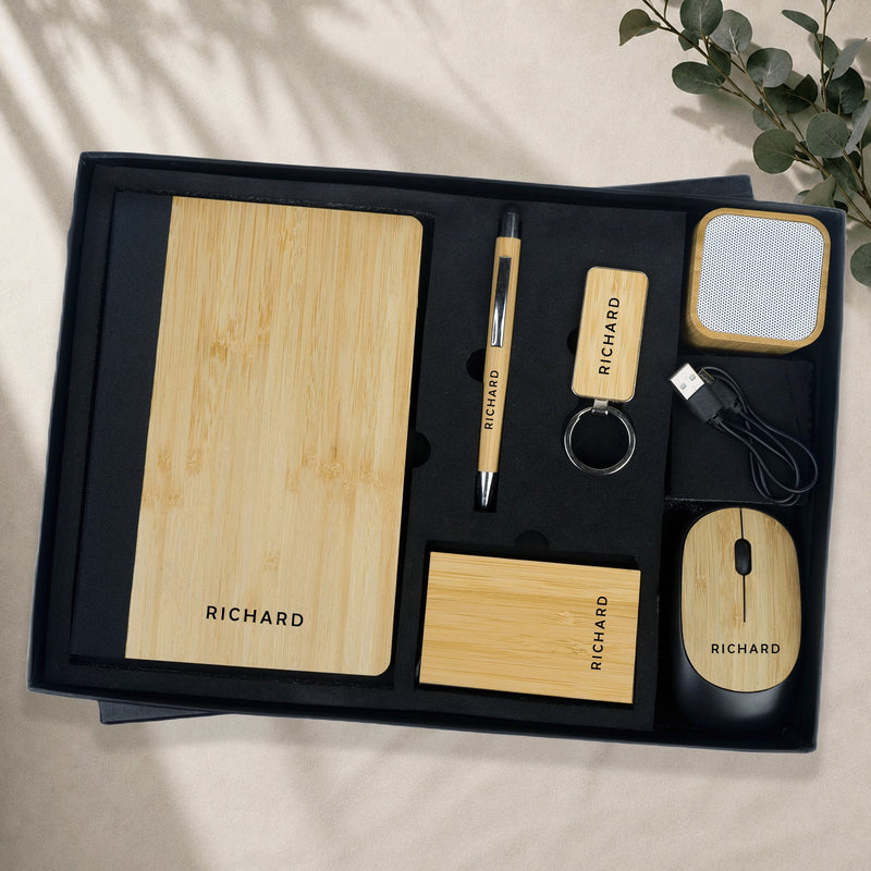Personalized Set of 6-in-1 Diary, Speaker, Mouse, Pen, Card Holder and Keychain