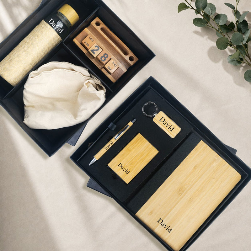 Personalized Set of 6-in-1 Diary, Wooden Calendar, Pen, Glass Bottle and Keychain