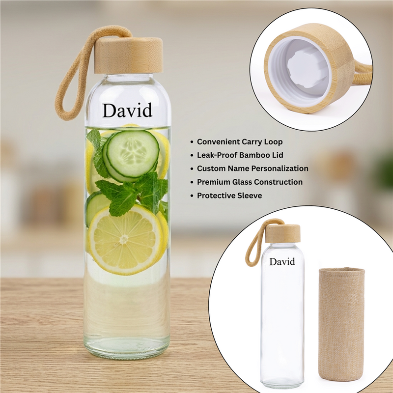 Personalized Set of 6-in-1 Diary, Wooden Calendar, Pen, Glass Bottle and Keychain