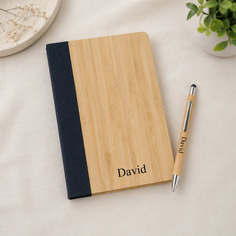 Personalized Set of 6-in-1 Diary, Wooden Calendar, Pen, Glass Bottle and Keychain