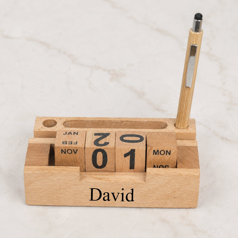 Personalized Set of 6-in-1 Diary, Wooden Calendar, Pen, Glass Bottle and Keychain