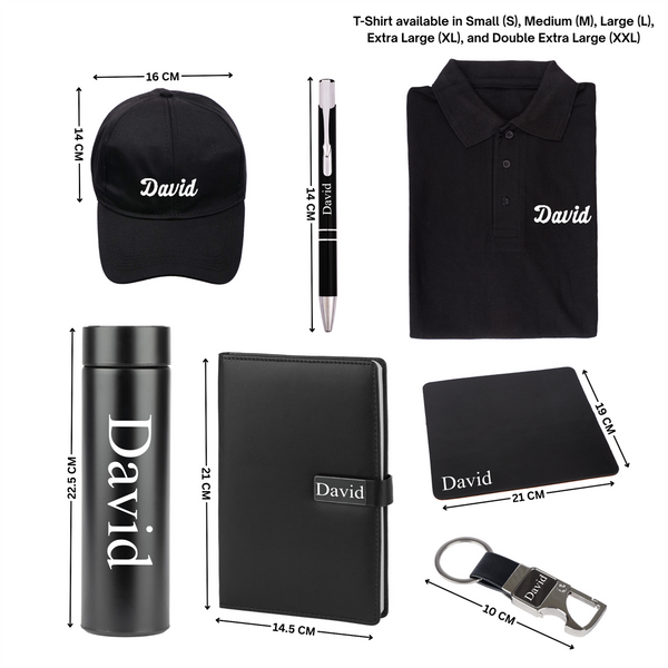 Personalized Set of 7 in 1 Tshirt, Cap, Diary, Tem Bottle, Mouse Pad, Pen and Keychain