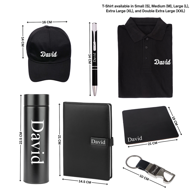Personalized Set of 7 in 1 Tshirt, Cap, Diary, Tem Bottle, Mouse Pad, Pen and Keychain