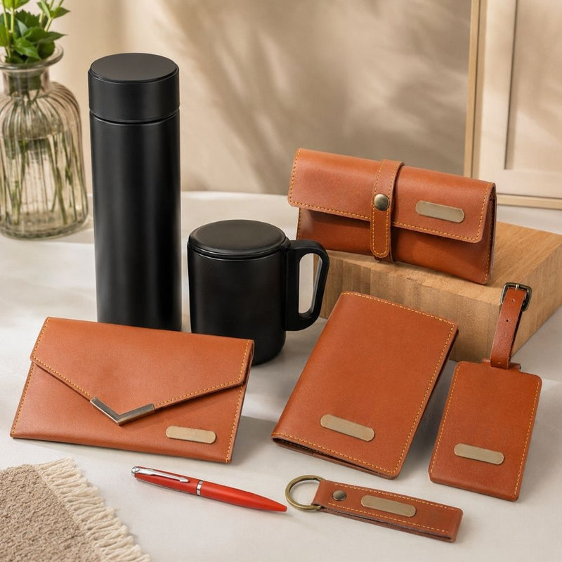 Personalized Set of 8-in-1 Bottle, Mug, Passport Cover, Luggage Tag, Pen, Eyewear Case, Keychain and Wallet