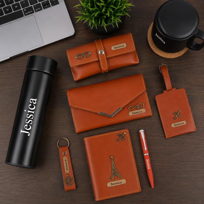 Personalized Set of 8-in-1 Bottle, Mug, Passport Cover, Luggage Tag, Pen, Eyewear Case, Keychain and Wallet