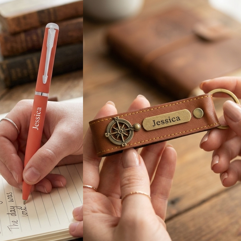 Personalized Set of 8-in-1 Bottle, Mug, Passport Cover, Luggage Tag, Pen, Eyewear Case, Keychain and Wallet