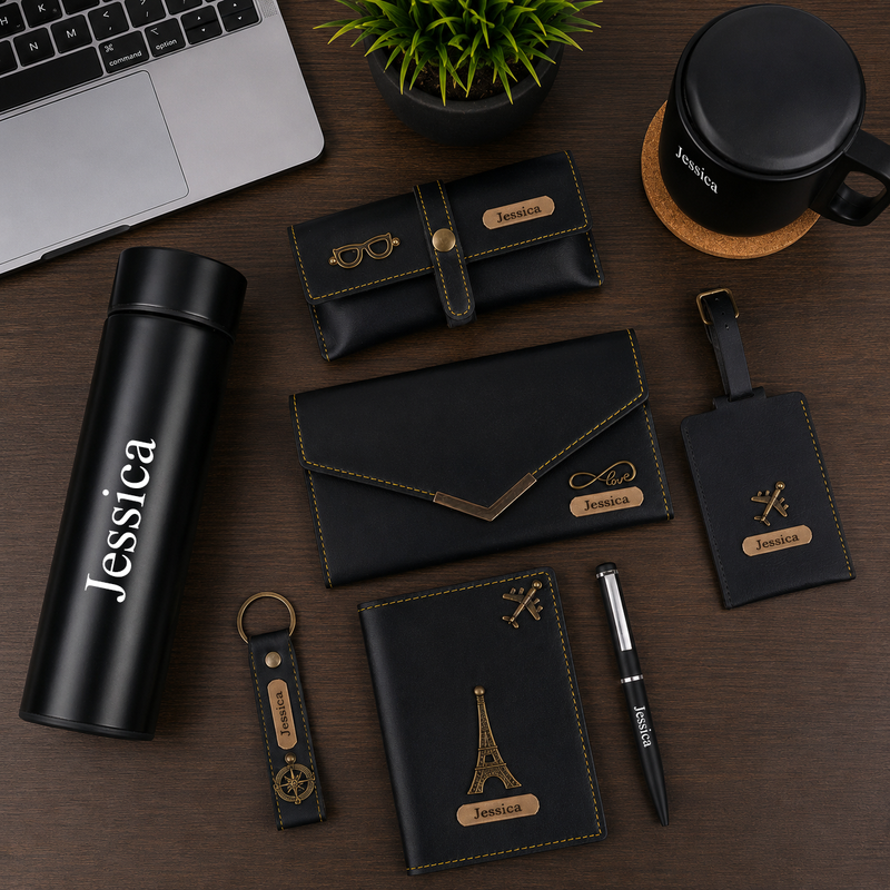 Personalized Set of 8-in-1 Bottle, Mug, Passport Cover, Luggage Tag, Pen, Eyewear Case, Keychain and Wallet