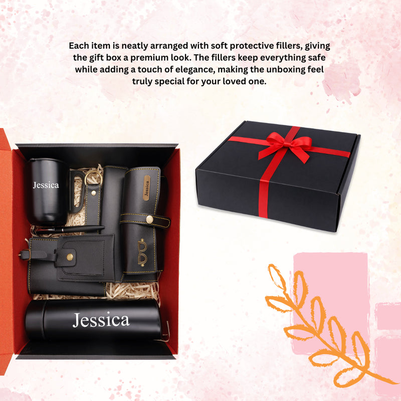 Personalized Set of 8-in-1 Bottle, Mug, Passport Cover, Luggage Tag, Pen, Eyewear Case, Keychain and Wallet