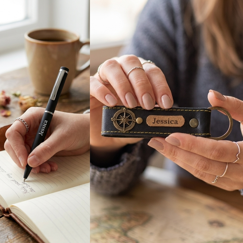 Personalized Set of 8-in-1 Bottle, Mug, Passport Cover, Luggage Tag, Pen, Eyewear Case, Keychain and Wallet