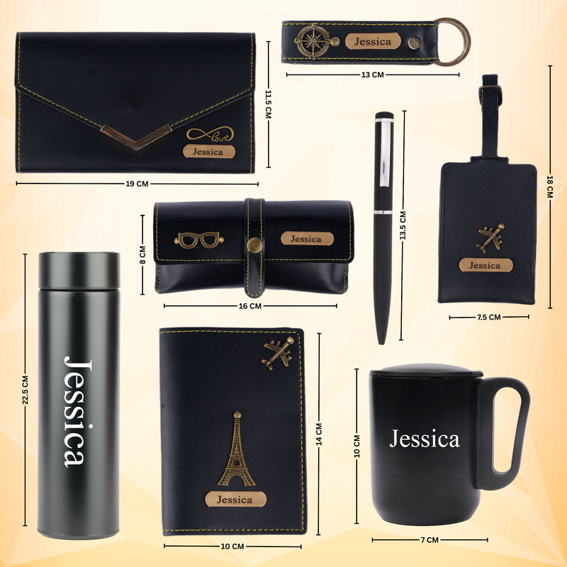 Personalized Set of 8-in-1 Bottle, Mug, Passport Cover, Luggage Tag, Pen, Eyewear Case, Keychain and Wallet