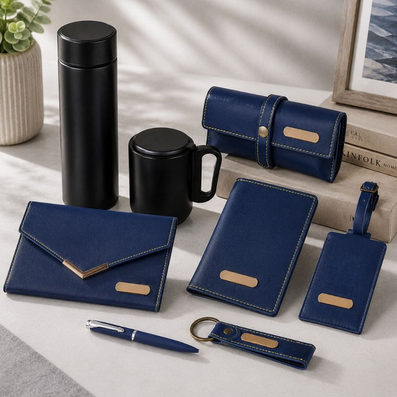 Personalized Set of 8-in-1 Bottle, Mug, Passport Cover, Luggage Tag, Pen, Eyewear Case, Keychain and Wallet