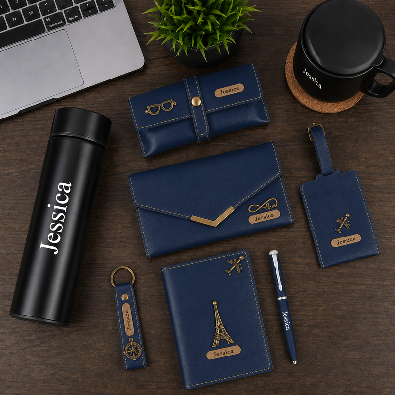 Personalized Set of 8-in-1 Bottle, Mug, Passport Cover, Luggage Tag, Pen, Eyewear Case, Keychain and Wallet