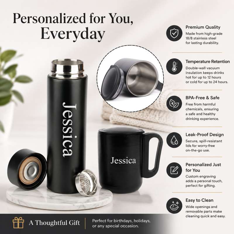 Personalized Set of 8-in-1 Bottle, Mug, Passport Cover, Luggage Tag, Pen, Eyewear Case, Keychain and Wallet