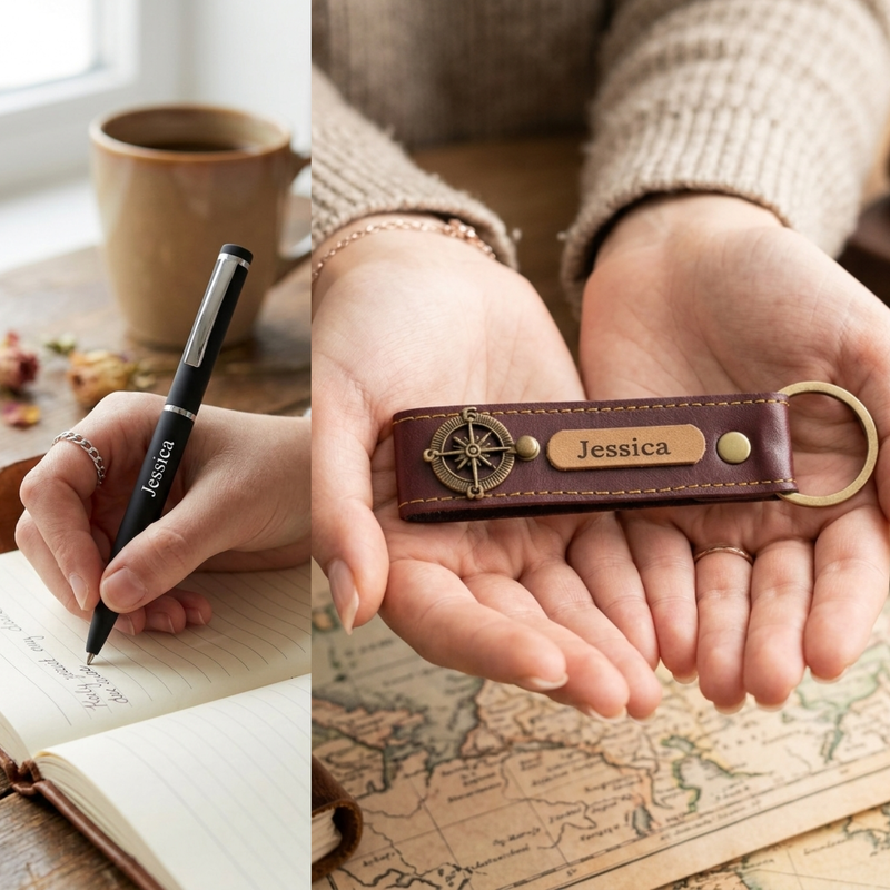 Personalized Set of 8-in-1 Bottle, Mug, Passport Cover, Luggage Tag, Pen, Eyewear Case, Keychain and Wallet