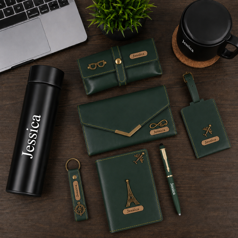 Personalized Set of 8-in-1 Bottle, Mug, Passport Cover, Luggage Tag, Pen, Eyewear Case, Keychain and Wallet