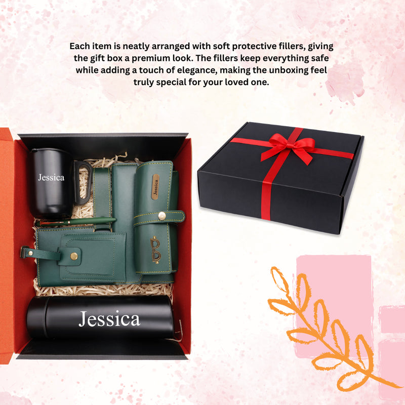 Personalized Set of 8-in-1 Bottle, Mug, Passport Cover, Luggage Tag, Pen, Eyewear Case, Keychain and Wallet
