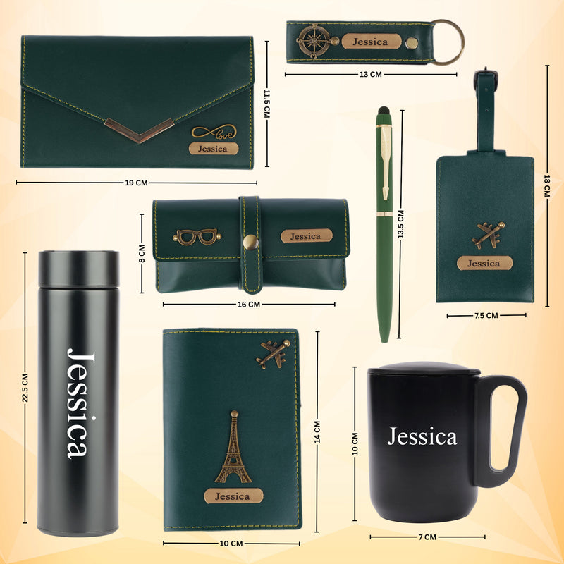 Personalized Set of 8-in-1 Bottle, Mug, Passport Cover, Luggage Tag, Pen, Eyewear Case, Keychain and Wallet