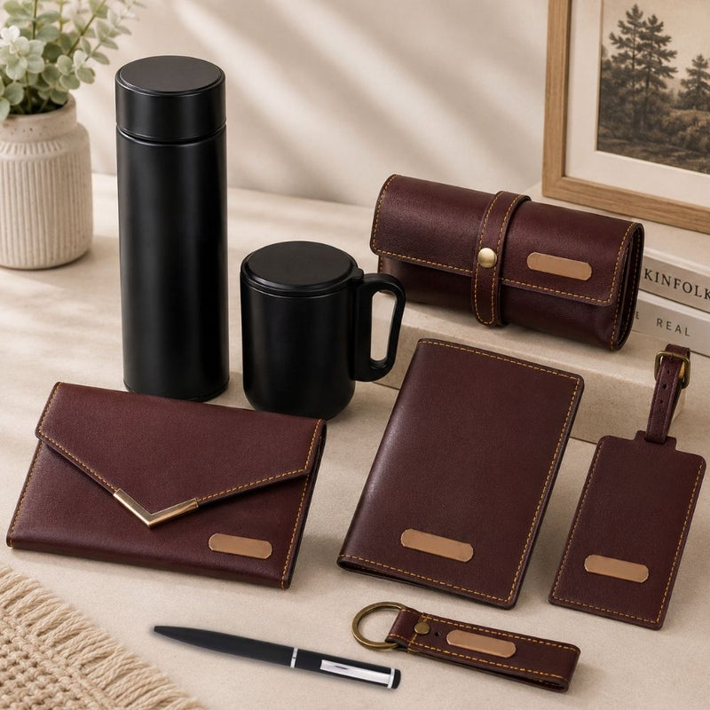Personalized Set of 8-in-1 Bottle, Mug, Passport Cover, Luggage Tag, Pen, Eyewear Case, Keychain and Wallet