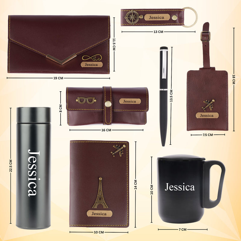 Personalized Set of 8-in-1 Bottle, Mug, Passport Cover, Luggage Tag, Pen, Eyewear Case, Keychain and Wallet