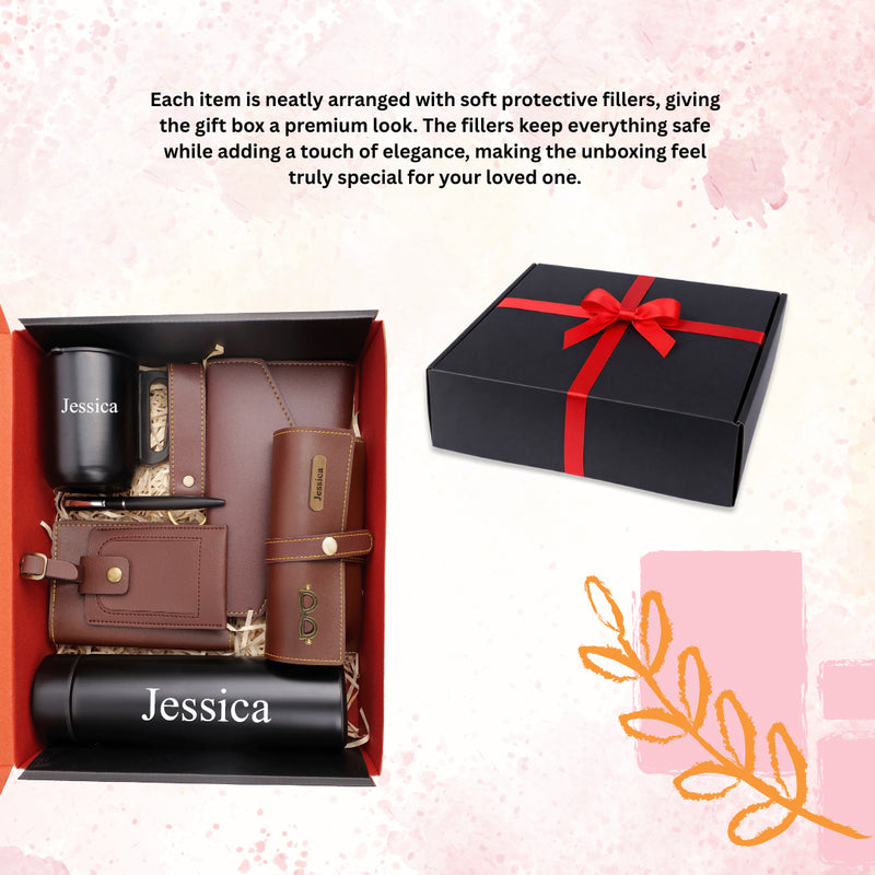 Personalized Set of 8-in-1 Bottle, Mug, Passport Cover, Luggage Tag, Pen, Eyewear Case, Keychain and Wallet